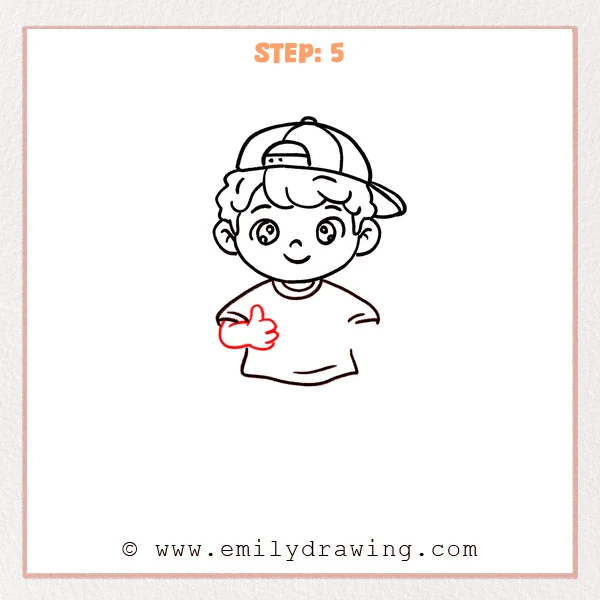 how to draw a cartoon boy - Cartoon boy with a backward cap and shirt, adding the left arm with a clear thumbs-up hand in front of the chest.